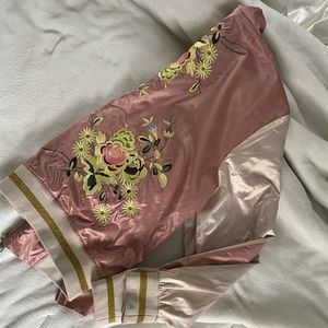 Silk bomber jacket with flower embroidery on back